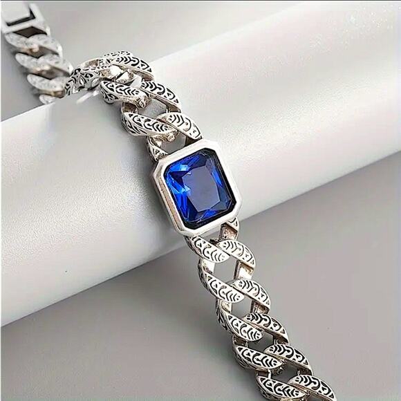 Stainless Steel Sapphire Chain Link Bracelet, Curb Engraved - Picture 5 of 7
